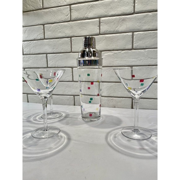 Art Deco Glass Martini glasses Confetti with Matching Shaker Qty 3 - Picture 1 of 12